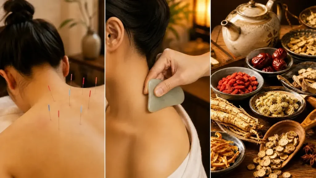 a collage of different TCM treatments in Singapore (Acupuncture, Gua Shua, and Herbal Medicine)