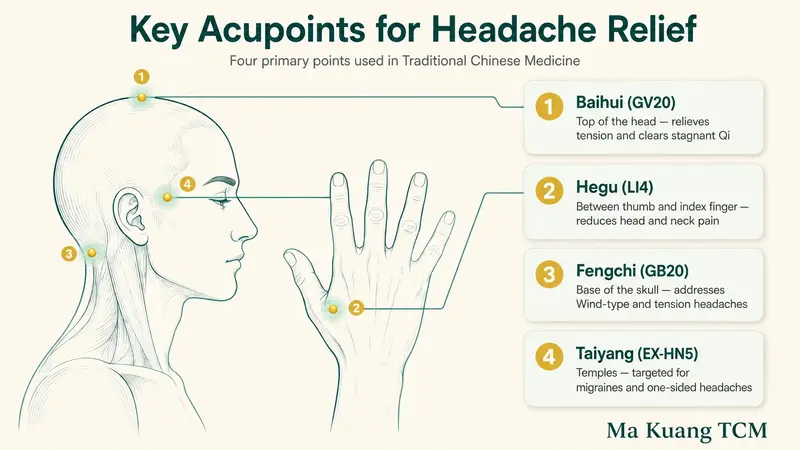 an illustration of four primary points used in TCM for headaches