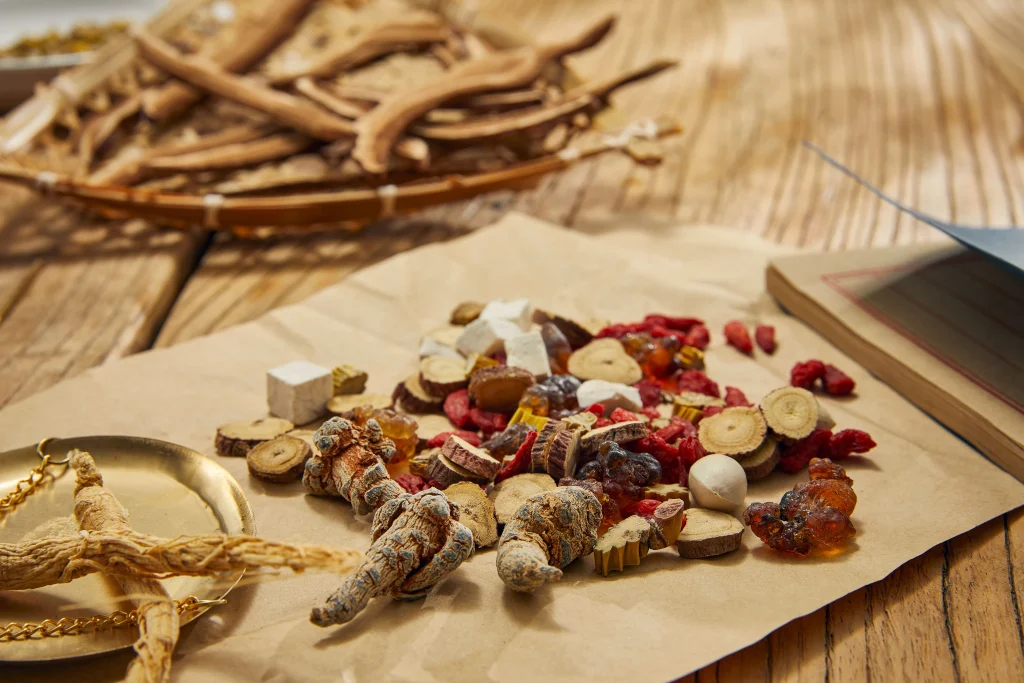 Selection of traditional Chinese medicinal herbs prepared for a personalised herbal prescription used in Traditional Chinese Medicine (TCM).
