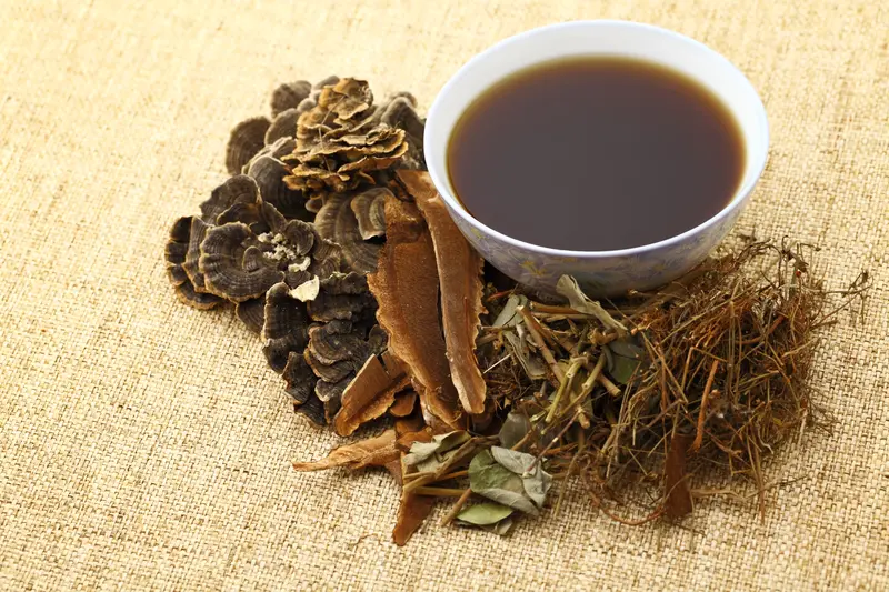 TCM herbal medicine for headache on a fabric cloth