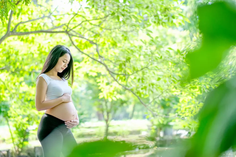 Pregnant Asian woman gently holding her baby bump while standing outdoors in a green park